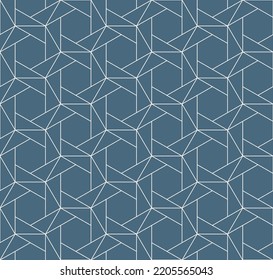 Vector Abstract Geometric Seamless Pattern. Fine Line Texture With Hexagons, Triangles, Grid, Lattice. Blue Colored Delicate Ornament. Simple Minimal Background. Repeat Geo Design For Decor, Print