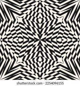 Vector abstract geometric seamless pattern. Simple black and white ornament texture. Op art, optical illusion effect. Monochrome background with lines, arrows, stripes. Retro vintage style design