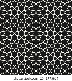 Vector abstract geometric seamless pattern in traditional Islamic style. Black and white ornament with thin lines, oriental mosaic, floral grid. Elegant ornamental background. Dark repeated geo design