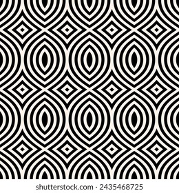 Vector abstract geometric seamless pattern in arabesque style. Simple elegant black and white background with curved lines, shapes, grid. Modern geometrical ornament texture. Repeat monochrome design