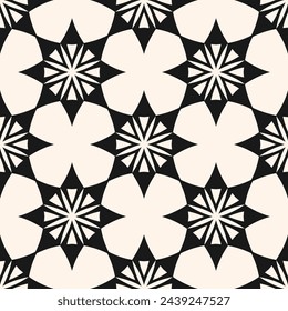 Vector abstract geometric seamless pattern. Simple texture with ornamental grid, flower shapes, stars, repeat tiles. Tribal ethnic motif. Black and white folk style background. Stylish repeated design