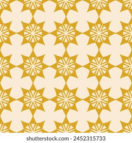 Vector abstract geometric seamless pattern. Simple ethnic texture with ornamental grid, big flower shapes, stars, repeat tiles. Ethnic folk motif. Retro style yellow and beige background. Geo design