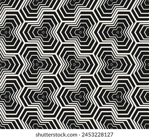 Vector abstract geometric seamless pattern with halftone lines, hexagon shapes in regular grid. Black and white geometrical background. Simple modern linear texture. Monochrome repeatable geo design