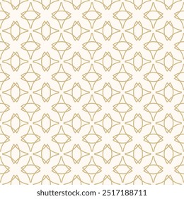 Vector abstract geometric seamless pattern in gothic style. Luxury golden linear ornament texture with curved shapes, crosses, tiles. Simple white and gold background design with medieval motifs