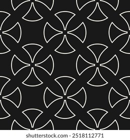 Vector abstract geometric seamless pattern. Black and white ornament texture with curved shapes, rounded crosses, tiles. Simple background in gothic style with medieval motifs. Dark repeated design