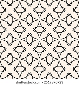 Vector abstract geometric seamless pattern in gothic style. Elegant minimal linear ornament texture with curved shapes, crosses, tiles. Simple black and white background design with medieval motifs