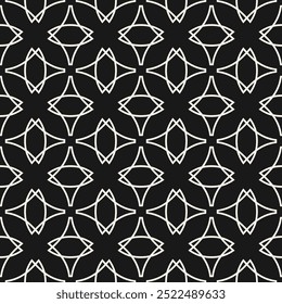 Vector abstract geometric seamless pattern in gothic style. Elegant minimal monochrome linear ornament texture with curved shapes, crosses, tiles. Simple black and white background with medieval motif