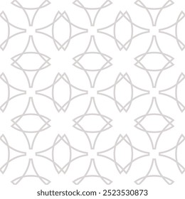 Vector abstract geometric seamless pattern in gothic style. Elegant minimal linear ornament texture with curved shapes, crosses, tiles. Simple white and gray background with medieval motifs. 