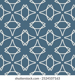 Vector abstract geometric seamless pattern in gothic style. Elegant minimal linear ornament texture with curved shapes, crosses, tiles. Simple blue and white background design with medieval motifs