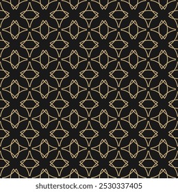 Vector abstract geometric seamless pattern in gothic style. Elegant golden linear ornament texture with curved shapes, crosses, tiles. Simple black and gold background design with medieval motifs