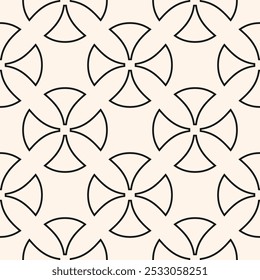 Vector abstract geometric seamless pattern. Black and white ornament texture with curved shapes, rounded crosses, tiles. Simple background in gothic style with medieval motifs. Elegant repeated design