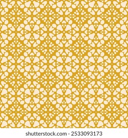 Vector abstract geometric seamless pattern with floral silhouettes, dots. Stylish ornament texture with ethnic folk motifs. Yellow and beige simple background. Retro style. Repeated decorative design