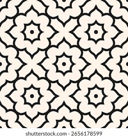 Vector abstract geometric seamless pattern in Moroccan style. Luxury ornamental texture, floral lattice, curved lines. Traditional Islamic background. Elegant black and white ornament. Repeated design