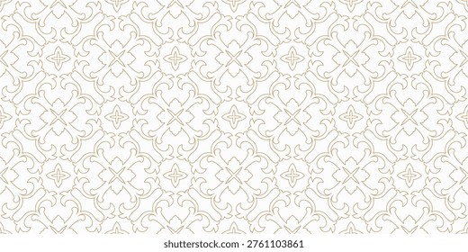 Vector abstract geometric seamless pattern in european renaissance style. Elegant gold and white background with curved lines, shapes, flowers. Luxury lace texture. Design for decor, wallpaper, print
