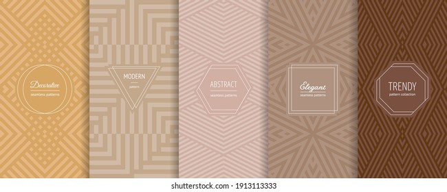 Colección de patrones geométricos sin soldadura vectorial abstracta. Conjunto de elegantes orígenes con elegantes etiquetas minimalistas. Resumen de las texturas de adorno de líneas modernas. Color pastel de moda. Diseño para impresión, decoración