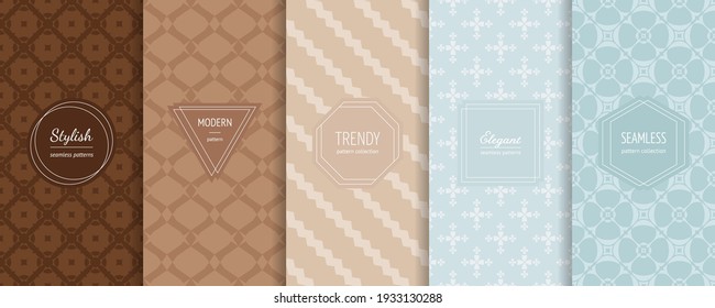 Vector abstract geometric seamless patterns collection. Set of stylish backgrounds with elegant minimal labels. Abstract modern floral ornament textures. Trendy pastel colors. Design for print, decor