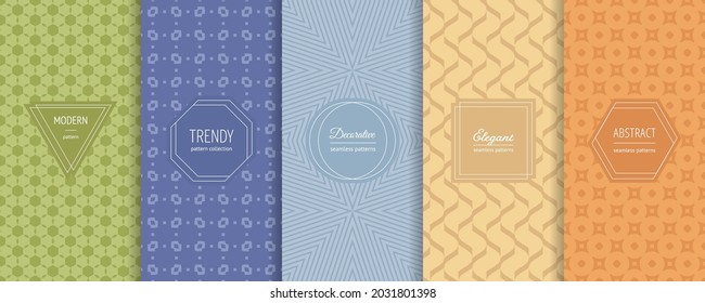 Vector abstract geometric seamless patterns. Collection of simple minimal textures with elegant modern labels. Stylish colorful backgrounds set. Stylish bright colors, green, blue, orange, yellow