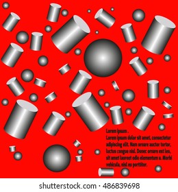 Vector abstract geometric shape from gray cylinders and spheres. Red background.