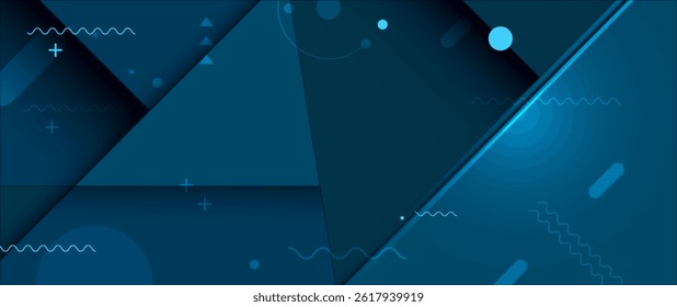 Vector abstract geometric shape, line, light effect on dark blue gradient color for banner, wallpaper background. Illustration modern graphic design for digital technology, futuristic background