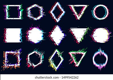 Vector abstract geometric shapes with glitch effect, digital defect, frame distortion, square, hexagon, rhombus, triangle, circle with vhs noise