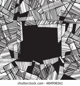 Vector abstract geometric shapes with linear fill.
Frame chaotic geometry with shading.