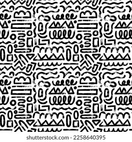 Vector abstract geometric shapes seamless pattern. Brush drawn grunge curved lines, rectangles and circles. Chaotic ink brush scribbles decorative texture. Abstract wallpaper, textile print.