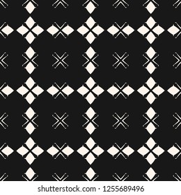 Vector abstract geometric texture. Black and white seamless pattern with flower silhouettes, diamond shapes, petals, crosses, grid, net, lattice. Elegant repeated background. Dark monochrome design