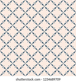 Vector abstract geometric texture. Elegant seamless pattern with flower silhouettes, mosaic tiles, crosses, grid, lattice. Elegant background in blue and light pink colors. Repeat decorative design 