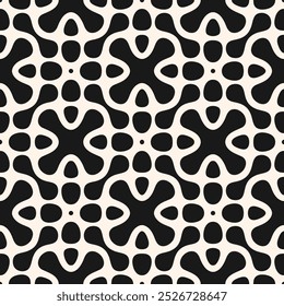 Vector abstract geometric texture. Monochrome seamless pattern with curved lines, floral silhouettes, organic shapes, dots, grid, lattice. Simple black and white background. Repeated modern geo design