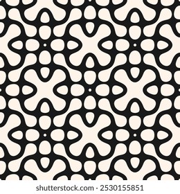 Textura geométrica abstrata do vetor. Padrão sem emenda monocromático com linhas curvas, silhuetas florais, formas orgânicas, pontos, grade, rede. Fundo preto e branco simples. Projeto geográfico repetível