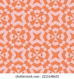 Vector abstract geometric texture. Simple seamless pattern with lines, arrows, stars, grid, kaleidoscope. Pink and orange ornament background. Retro 1960s - 1970s style pattern. Vintage repeat design