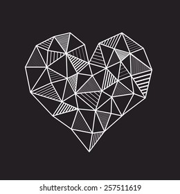 Corazón blanco geométrico abstracto del Vector de polígonos con la línea que eclosiona en el fondo oscuro, aislado, estratificado