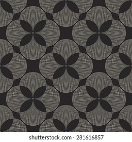 Vector abstract geometrical floral seamless pattern from light beige fan shaped decorative triangular elements on dark black background 