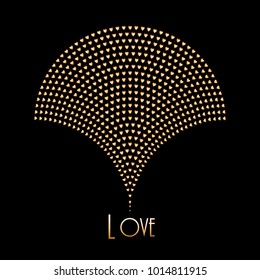 Vector abstract geometrical image of fountain silhouette. Fan shaped element, consisting from small metallic gold hearts. Logo, icon design, love sign. Golden emblem on black background