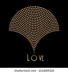 Vector abstracto Imagen geométrica de la silueta de la fuente. Elemento en forma de abanico, formado por Pequeños corazones metálicos de oro. Logotipo, diseño del icono, muestra del amor. Emblema de oro sobre fondo negro