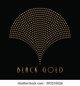 Vector abstract geometrical image fountain silhouette  Fan shaped element  consisting from small metallic triangular stylized water drops  Logo  icon design  oil source sign Golden emblem black
