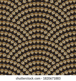 Vector abstract geometrical seamless pattern from golden ethnic ornaments, wavy stripes on a black background. Textile wavy seigaiha print. Folk batik paint. Bohemian decoration