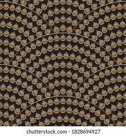 Vector abstract geometrical seamless pattern from golden ethnic ornaments, wavy stripes on a black background. Textile wavy seigaiha print. Folk batik paint. Bohemian decoration