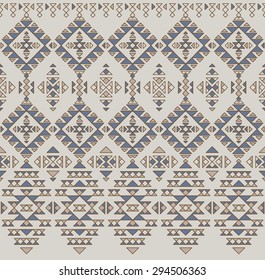 Vector abstract geometrical seamless pattern from dark brown and blue decorative ethnic ornament elements on a light beige background. 