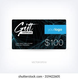 Vector abstract gift card design template with geometric wireframe background - blue