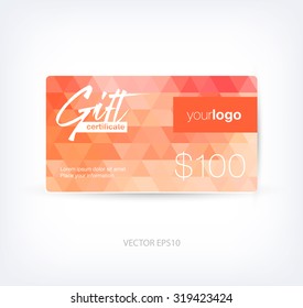Vector abstract gift card design template with orange geometric triangular background