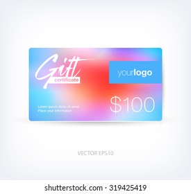 Vector abstract gift card design template with soft colorful blurred background