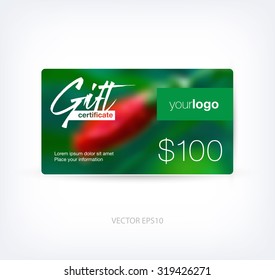 Vector abstract gift card design template with floral blurred photographic background