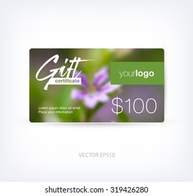 Vector abstract gift card design template with floral blurred photographic background