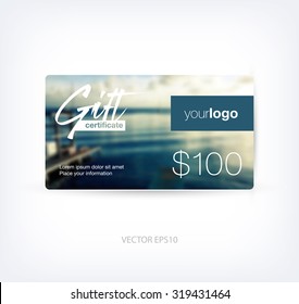Vector abstract gift card design template with blurred photographic background - a dock in the bay