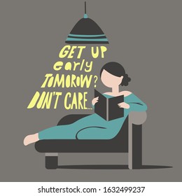 Vector abstract girl reading on a couch. Graceful young woman with a book on a sofa. Poster with lettering.