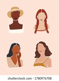 Vector abstract girls with stylish haircut and different color of skin on the pink isolated background. Trendy abstract illustration.