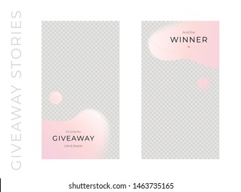 Vector abstract giveaways post template set. Pink color romantic style fluid shapes. Giveaway and winner frame. Design for social media blog advertising, promotion, announcement, freebies, message.