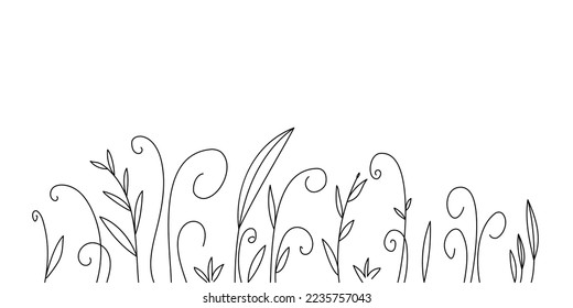 Vector abstract glade with leaves, swirls. Linear abstract grass.