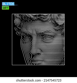 Vector abstract glitch art illustration from 3D rendering of classical sculpture eyes and face close up in corrupted CRT TV style oscillator white line halftone style on black background.